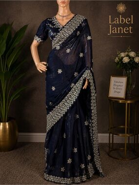 Embellished Navy Blue Saree with  Floral Accents  & stitched blouse(Brand new)